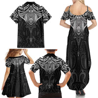 New Zealand Aotearoa Family Matching Summer Maxi Dress and Hawaiian Shirt Maori Manta Ray Moko Black LT05 - Polynesian Pride