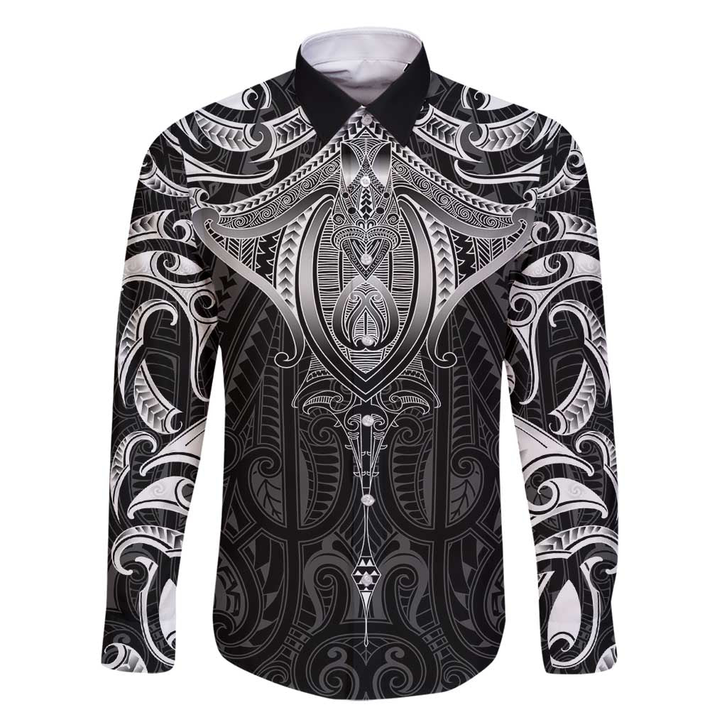 New Zealand Aotearoa Family Matching Summer Maxi Dress and Hawaiian Shirt Maori Manta Ray Moko Black LT05 Dad's Shirt - Long Sleeve Black - Polynesian Pride