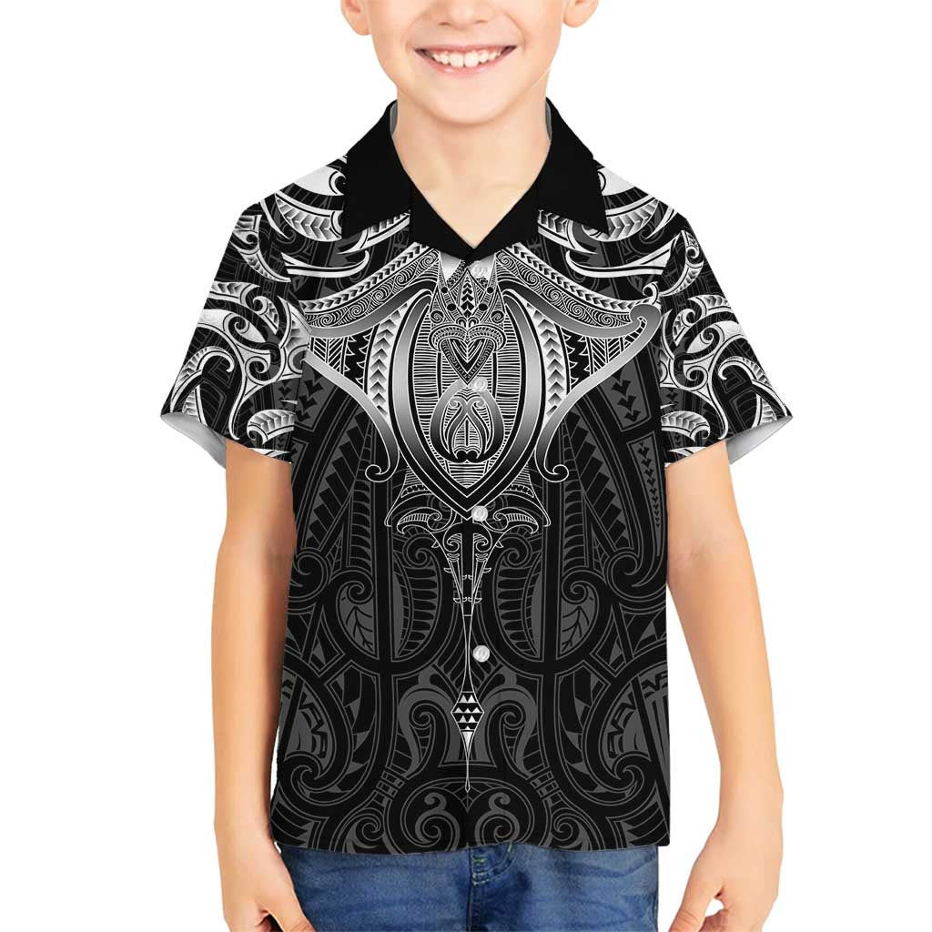 New Zealand Aotearoa Family Matching Summer Maxi Dress and Hawaiian Shirt Maori Manta Ray Moko Black LT05 Son's Shirt Black - Polynesian Pride