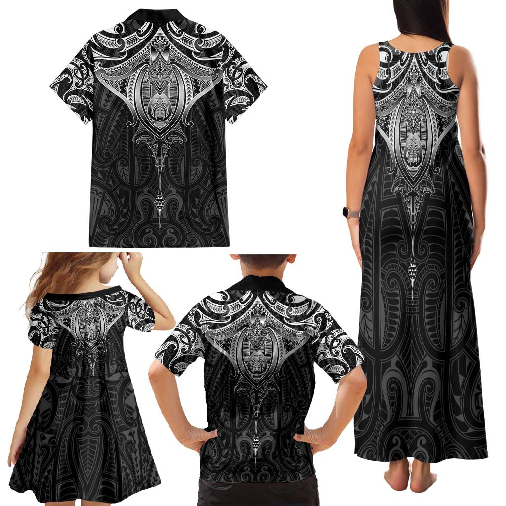 New Zealand Aotearoa Family Matching Tank Maxi Dress and Hawaiian Shirt Maori Manta Ray Moko Black LT05 - Polynesian Pride
