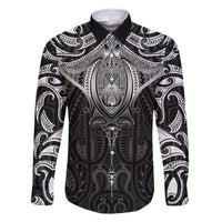 New Zealand Aotearoa Family Matching Tank Maxi Dress and Hawaiian Shirt Maori Manta Ray Moko Black LT05 Dad's Shirt - Long Sleeve Black - Polynesian Pride