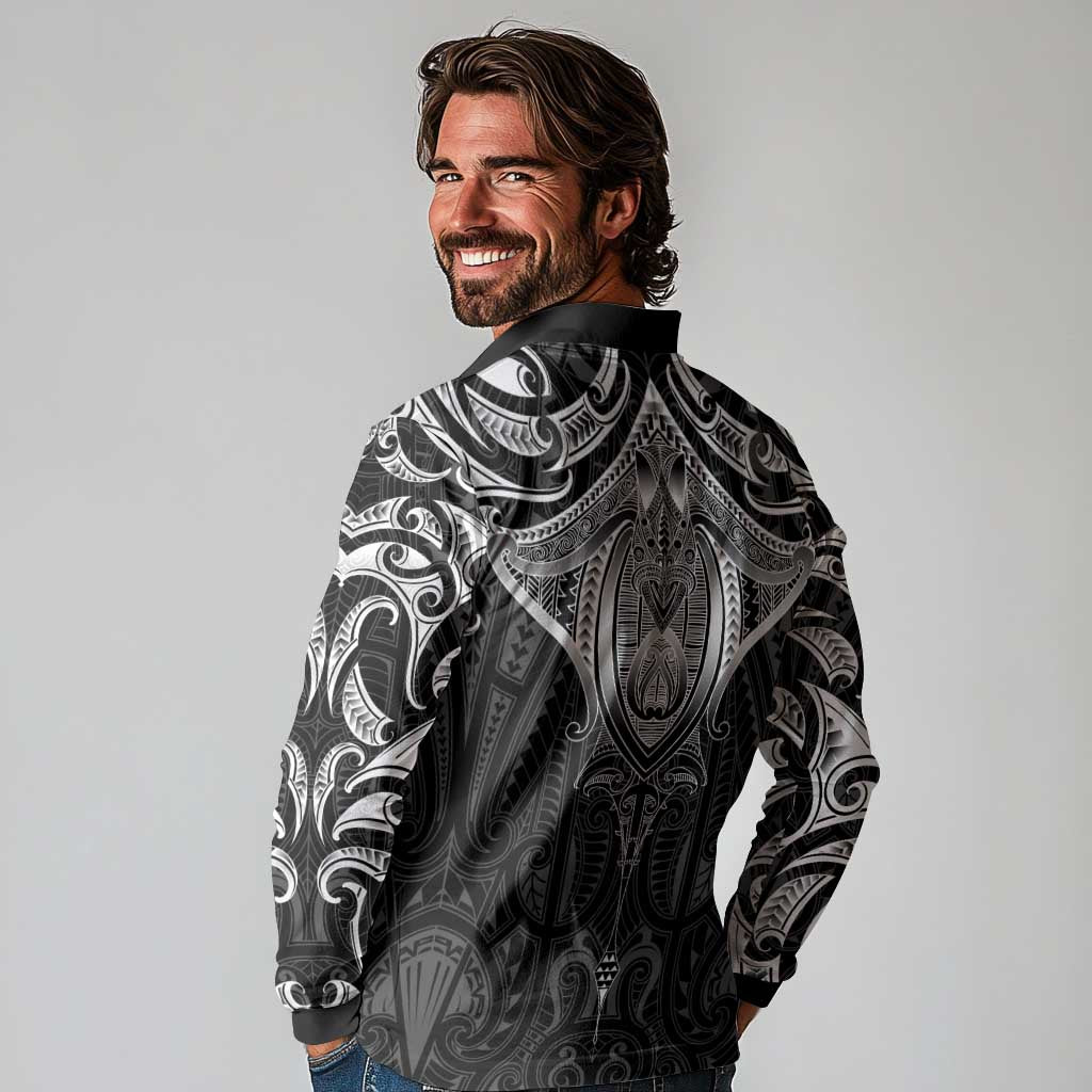 New Zealand Aotearoa Long Sleeve Polo Shirt Maori Manta Ray Moko Black - Polynesian Pride