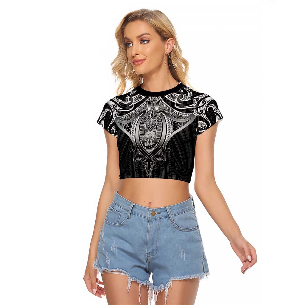 New Zealand Aotearoa Raglan Cropped T Shirt Maori Manta Ray Moko Black - Polynesian Pride