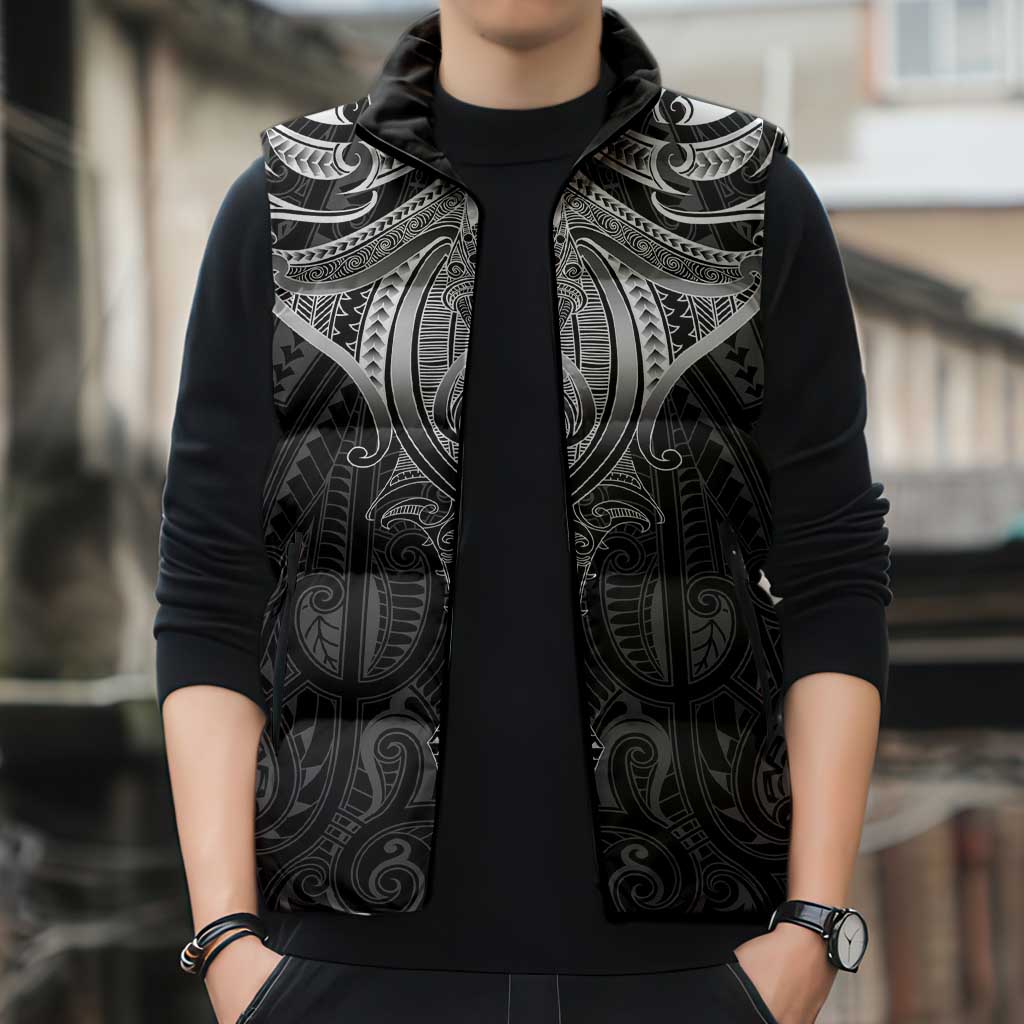 New Zealand Aotearoa Sleeveless Puffer Jacket Maori Manta Ray Moko Black - Polynesian Pride