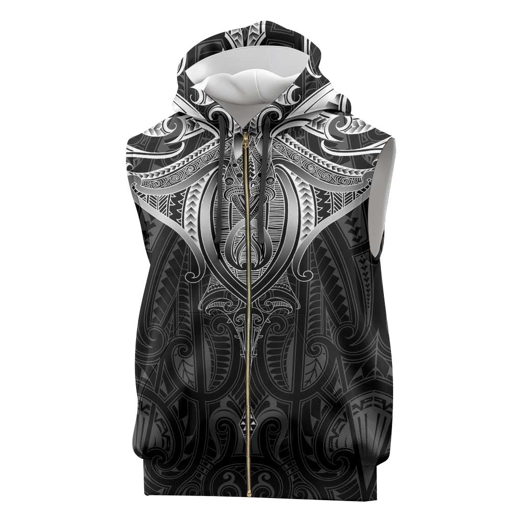 New Zealand Aotearoa Sleeveless Zip Hoodie Maori Manta Ray Moko Black - Polynesian Pride