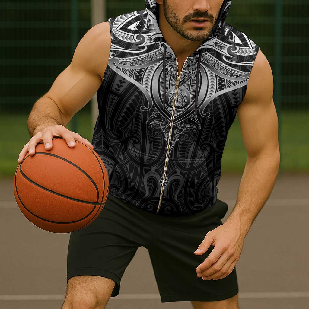 New Zealand Aotearoa Sleeveless Zip Hoodie Maori Manta Ray Moko Black - Polynesian Pride