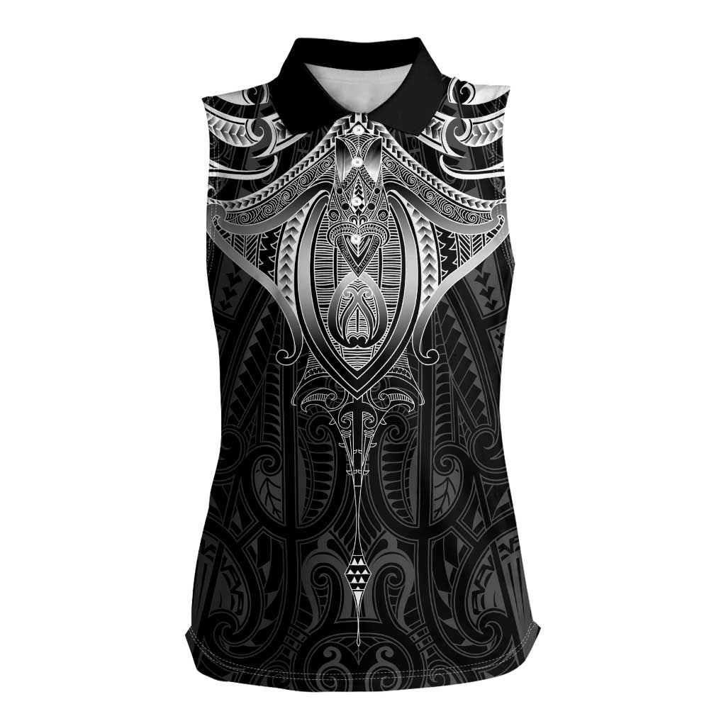 New Zealand Aotearoa Women Sleeveless Polo Shirt Maori Manta Ray Moko Black LT05 Female Black - Polynesian Pride