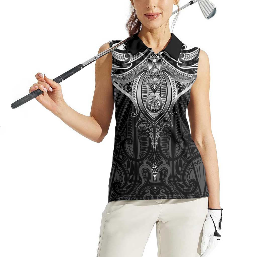 New Zealand Aotearoa Women Sleeveless Polo Shirt Maori Manta Ray Moko Black LT05 - Polynesian Pride