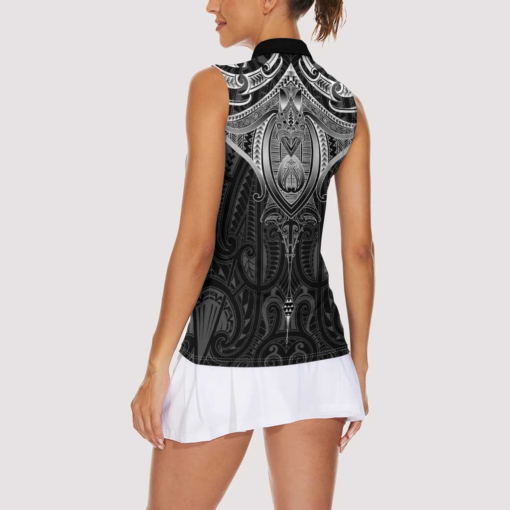 New Zealand Aotearoa Women Sleeveless Polo Shirt Maori Manta Ray Moko Black LT05 - Polynesian Pride
