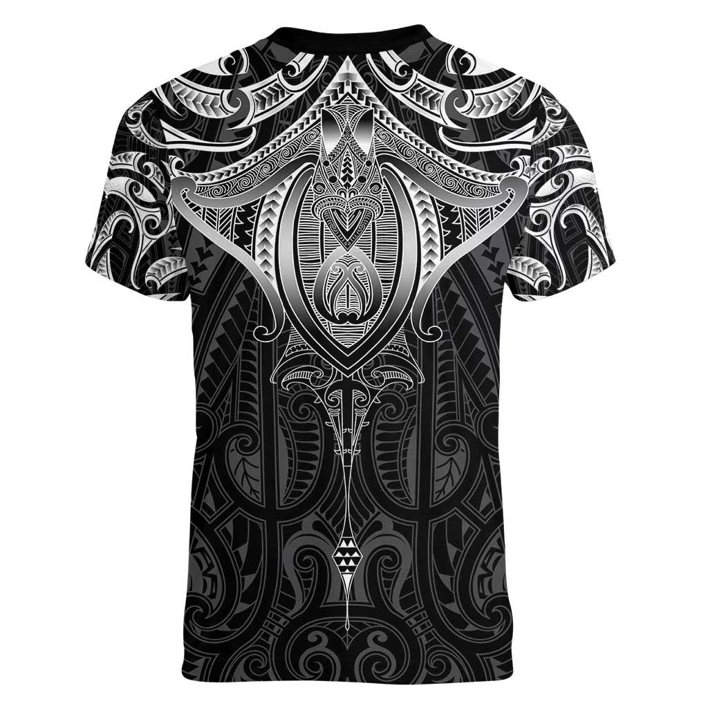New Zealand Aotearoa Women V-Neck T-Shirt Maori Manta Ray Moko Black LT05 - Polynesian Pride