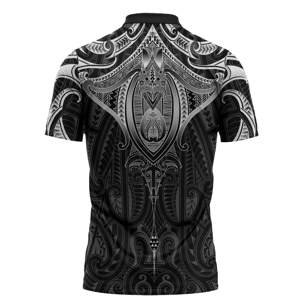 New Zealand Aotearoa Zipper Polo Shirt Maori Manta Ray Moko Black - Polynesian Pride