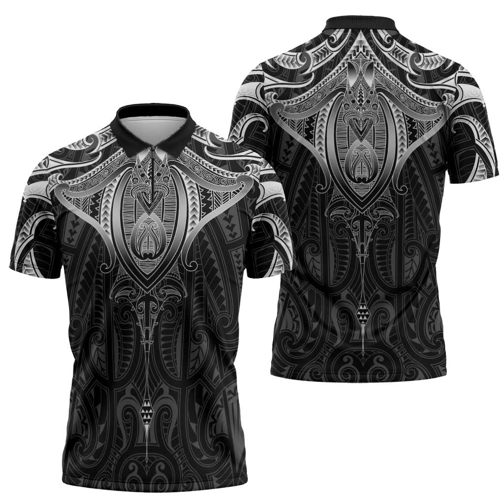 New Zealand Aotearoa Zipper Polo Shirt Maori Manta Ray Moko Black - Polynesian Pride