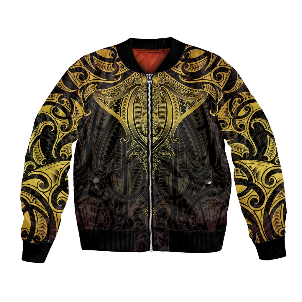 New Zealand Aotearoa Bomber Jacket Maori Manta Ray Moko Gold LT05 Unisex Gold - Polynesian Pride