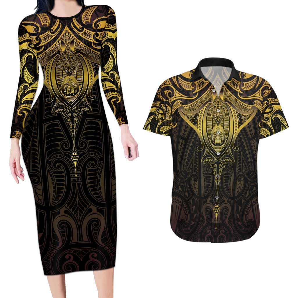 New Zealand Aotearoa Couples Matching Long Sleeve Bodycon Dress and Hawaiian Shirt Maori Manta Ray Moko Gold LT05 Gold - Polynesian Pride