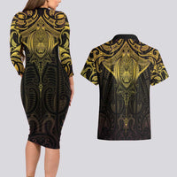 New Zealand Aotearoa Couples Matching Long Sleeve Bodycon Dress and Hawaiian Shirt Maori Manta Ray Moko Gold LT05 - Polynesian Pride