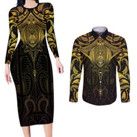 New Zealand Aotearoa Couples Matching Long Sleeve Bodycon Dress and Long Sleeve Button Shirt Maori Manta Ray Moko Gold LT05 Gold - Polynesian Pride