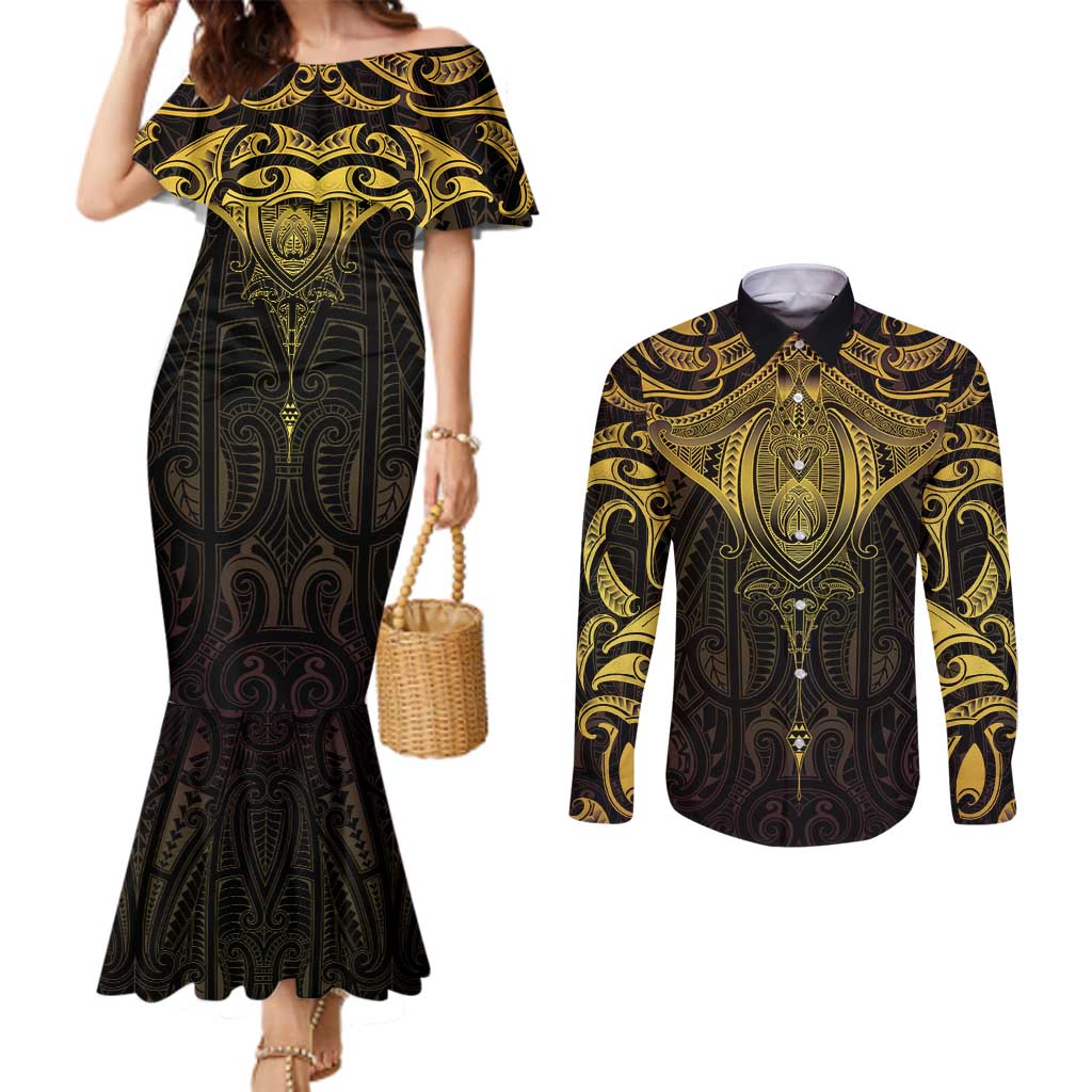 New Zealand Aotearoa Couples Matching Mermaid Dress and Long Sleeve Button Shirt Maori Manta Ray Moko Gold - Polynesian Pride