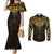 New Zealand Aotearoa Couples Matching Mermaid Dress and Long Sleeve Button Shirt Maori Manta Ray Moko Gold - Polynesian Pride