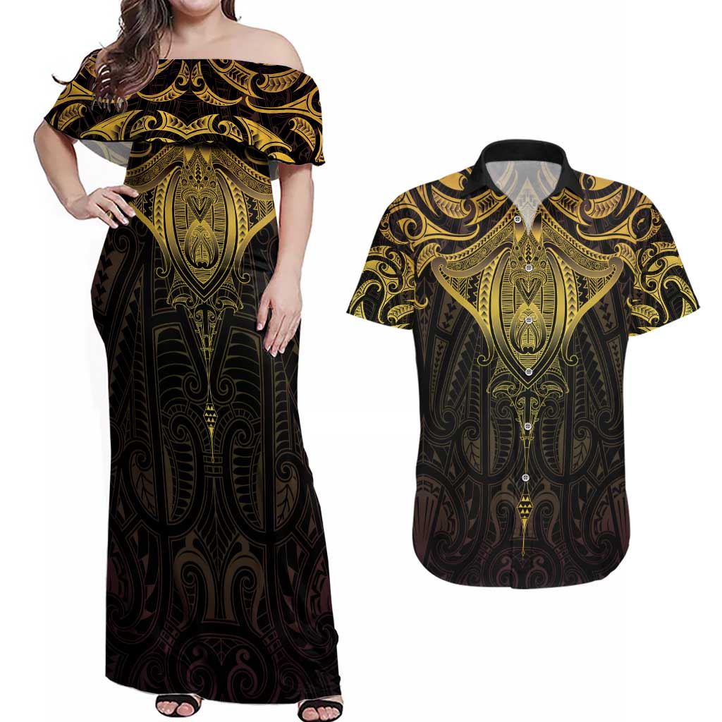 New Zealand Aotearoa Couples Matching Off Shoulder Maxi Dress and Hawaiian Shirt Maori Manta Ray Moko Gold LT05 Gold - Polynesian Pride