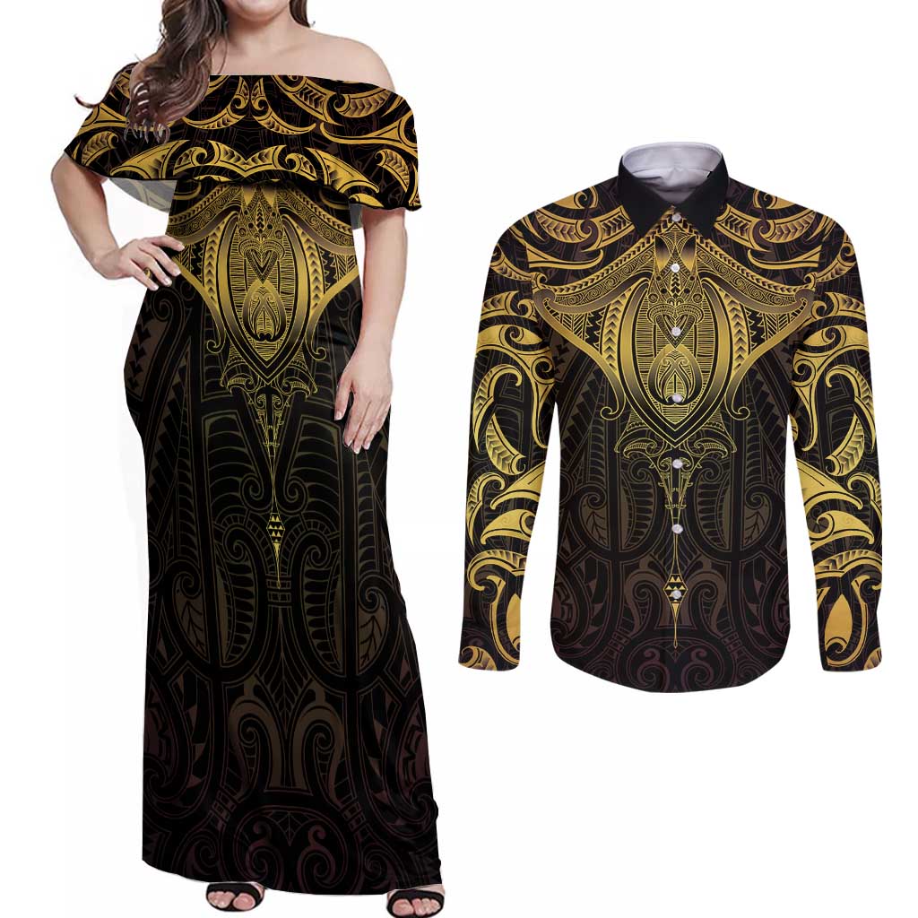 New Zealand Aotearoa Couples Matching Off Shoulder Maxi Dress and Long Sleeve Button Shirt Maori Manta Ray Moko Gold LT05 Gold - Polynesian Pride