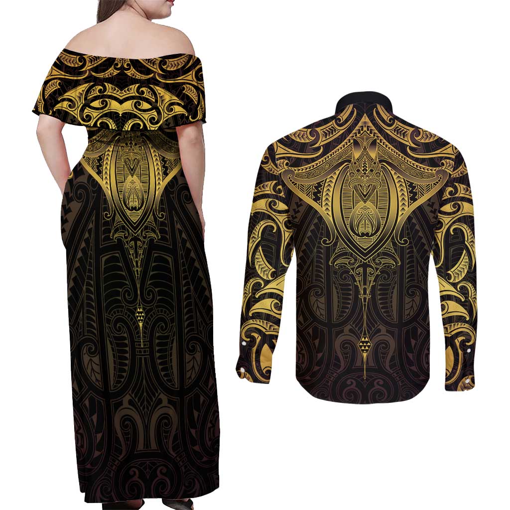 New Zealand Aotearoa Couples Matching Off Shoulder Maxi Dress and Long Sleeve Button Shirt Maori Manta Ray Moko Gold LT05 - Polynesian Pride