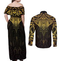 New Zealand Aotearoa Couples Matching Off Shoulder Maxi Dress and Long Sleeve Button Shirt Maori Manta Ray Moko Gold LT05 - Polynesian Pride