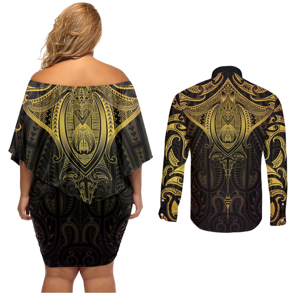 New Zealand Aotearoa Couples Matching Off Shoulder Short Dress and Long Sleeve Button Shirt Maori Manta Ray Moko Gold LT05 - Polynesian Pride