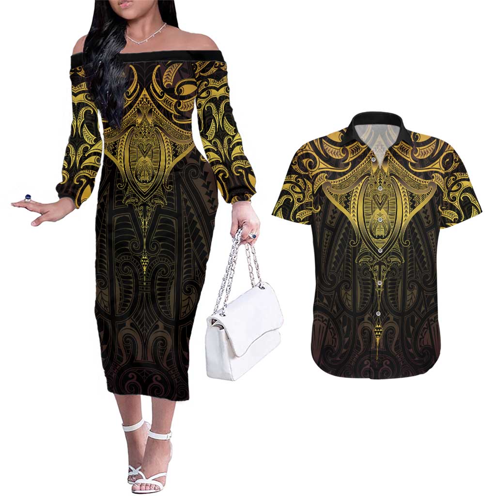 New Zealand Aotearoa Couples Matching Off The Shoulder Long Sleeve Dress and Hawaiian Shirt Maori Manta Ray Moko Gold LT05 Gold - Polynesian Pride