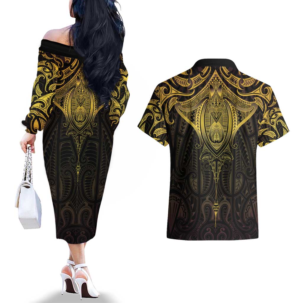 New Zealand Aotearoa Couples Matching Off The Shoulder Long Sleeve Dress and Hawaiian Shirt Maori Manta Ray Moko Gold LT05 - Polynesian Pride