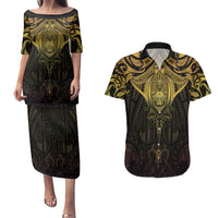 New Zealand Aotearoa Couples Matching Puletasi and Hawaiian Shirt Maori Manta Ray Moko Gold LT05 Gold - Polynesian Pride