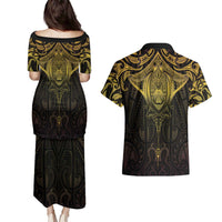 New Zealand Aotearoa Couples Matching Puletasi and Hawaiian Shirt Maori Manta Ray Moko Gold LT05 - Polynesian Pride