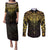 New Zealand Aotearoa Couples Matching Puletasi and Long Sleeve Button Shirt Maori Manta Ray Moko Gold - Polynesian Pride