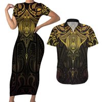 New Zealand Aotearoa Couples Matching Short Sleeve Bodycon Dress and Hawaiian Shirt Maori Manta Ray Moko Gold LT05 Gold - Polynesian Pride