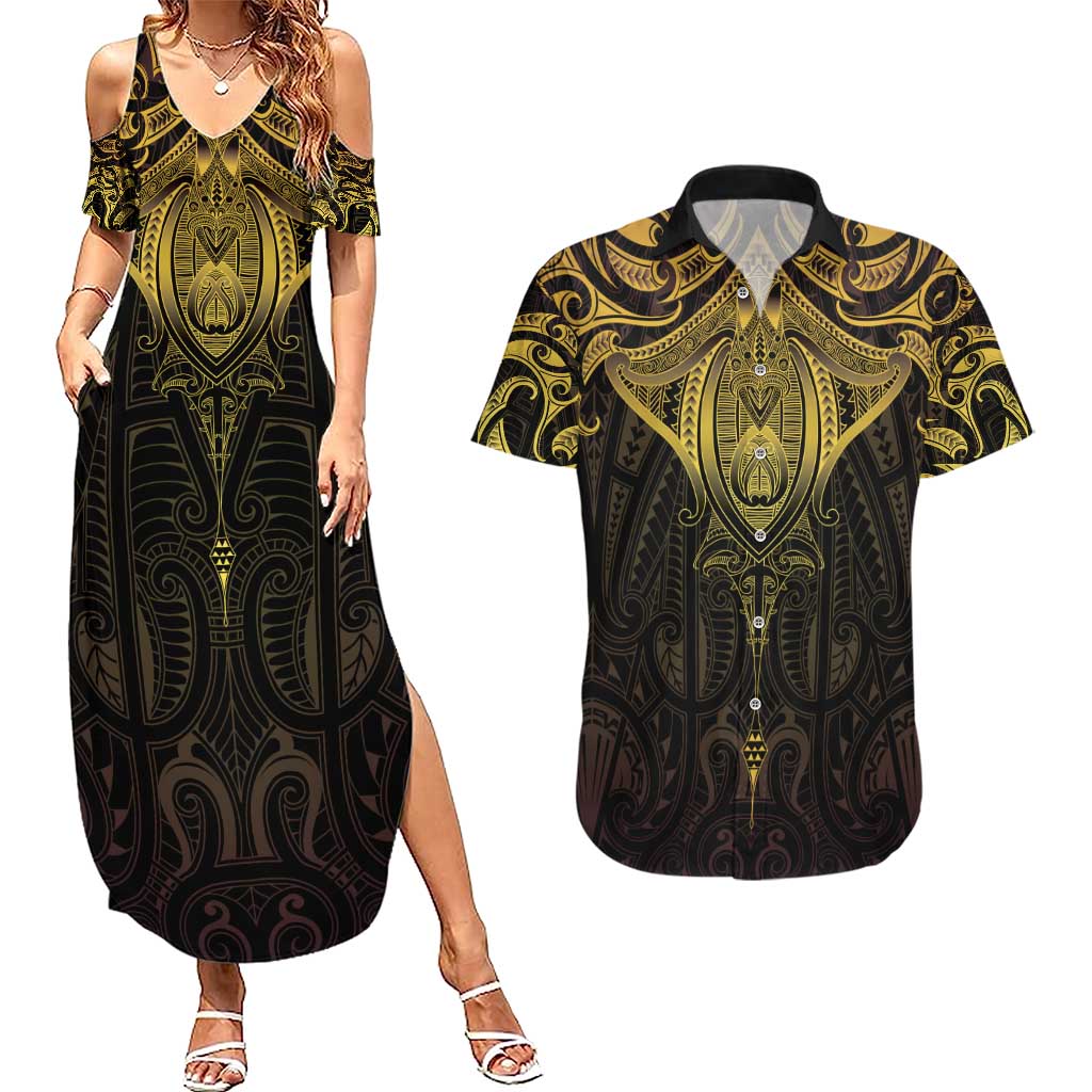 New Zealand Aotearoa Couples Matching Summer Maxi Dress and Hawaiian Shirt Maori Manta Ray Moko Gold LT05 Gold - Polynesian Pride