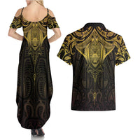 New Zealand Aotearoa Couples Matching Summer Maxi Dress and Hawaiian Shirt Maori Manta Ray Moko Gold LT05 - Polynesian Pride