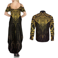 New Zealand Aotearoa Couples Matching Summer Maxi Dress and Long Sleeve Button Shirt Maori Manta Ray Moko Gold LT05 - Polynesian Pride