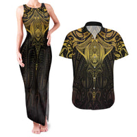 New Zealand Aotearoa Couples Matching Tank Maxi Dress and Hawaiian Shirt Maori Manta Ray Moko Gold LT05 Gold - Polynesian Pride