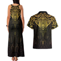 New Zealand Aotearoa Couples Matching Tank Maxi Dress and Hawaiian Shirt Maori Manta Ray Moko Gold LT05 - Polynesian Pride