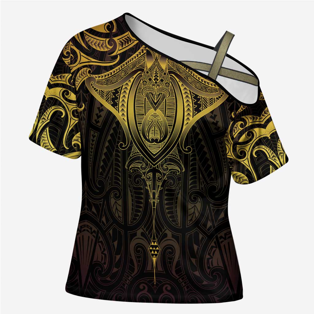New Zealand Aotearoa Cross Shoulder Shirt Maori Manta Ray Moko Gold - Polynesian Pride