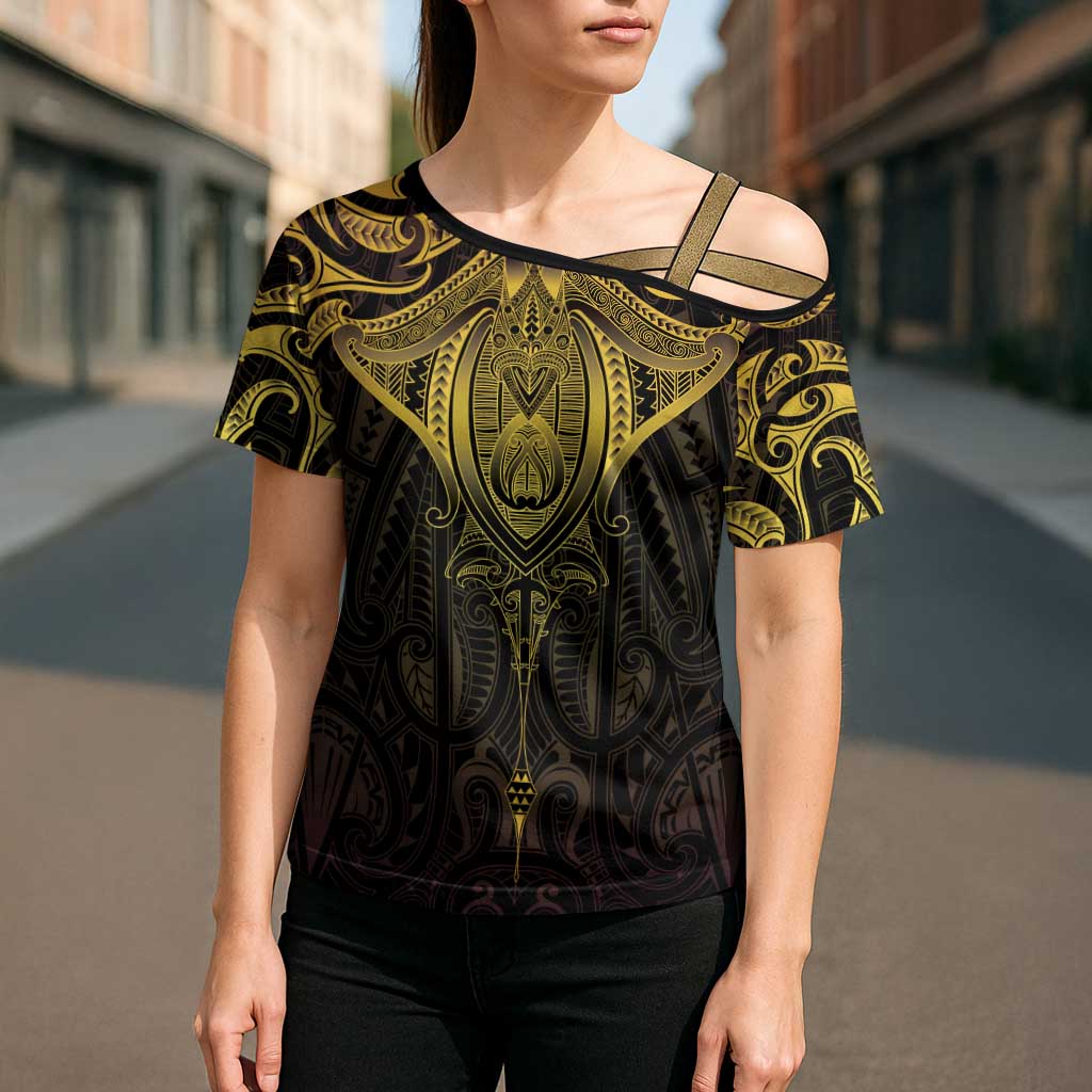 New Zealand Aotearoa Cross Shoulder Shirt Maori Manta Ray Moko Gold - Polynesian Pride