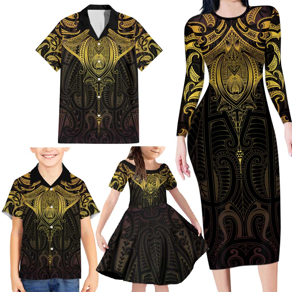 New Zealand Aotearoa Family Matching Long Sleeve Bodycon Dress and Hawaiian Shirt Maori Manta Ray Moko Gold LT05 - Polynesian Pride