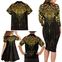 New Zealand Aotearoa Family Matching Long Sleeve Bodycon Dress and Hawaiian Shirt Maori Manta Ray Moko Gold LT05 - Polynesian Pride