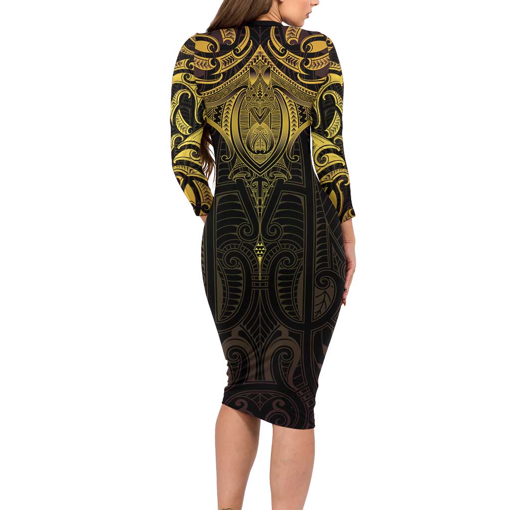 New Zealand Aotearoa Family Matching Long Sleeve Bodycon Dress and Hawaiian Shirt Maori Manta Ray Moko Gold LT05 - Polynesian Pride