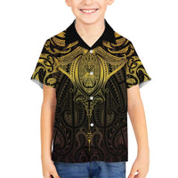 New Zealand Aotearoa Family Matching Long Sleeve Bodycon Dress and Hawaiian Shirt Maori Manta Ray Moko Gold LT05 Son's Shirt Gold - Polynesian Pride