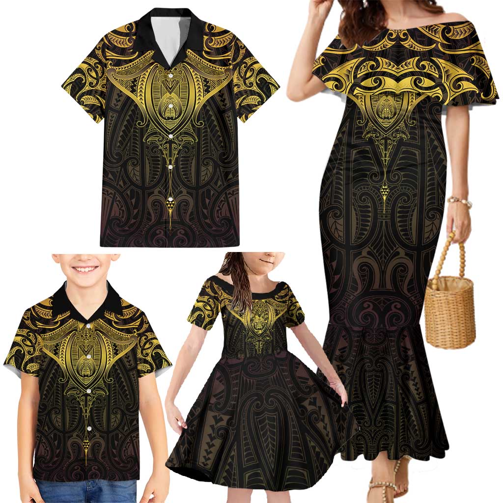 New Zealand Aotearoa Family Matching Mermaid Dress and Hawaiian Shirt Maori Manta Ray Moko Gold LT05 - Polynesian Pride