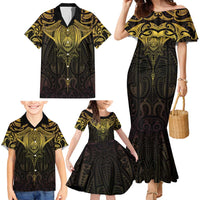 New Zealand Aotearoa Family Matching Mermaid Dress and Hawaiian Shirt Maori Manta Ray Moko Gold LT05 - Polynesian Pride
