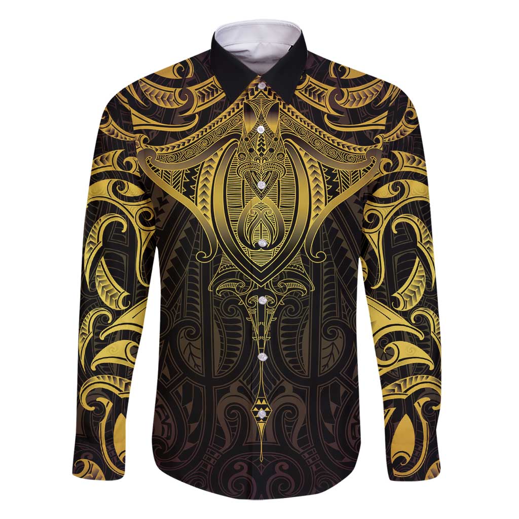 New Zealand Aotearoa Family Matching Mermaid Dress and Hawaiian Shirt Maori Manta Ray Moko Gold LT05 Dad's Shirt - Long Sleeve Gold - Polynesian Pride