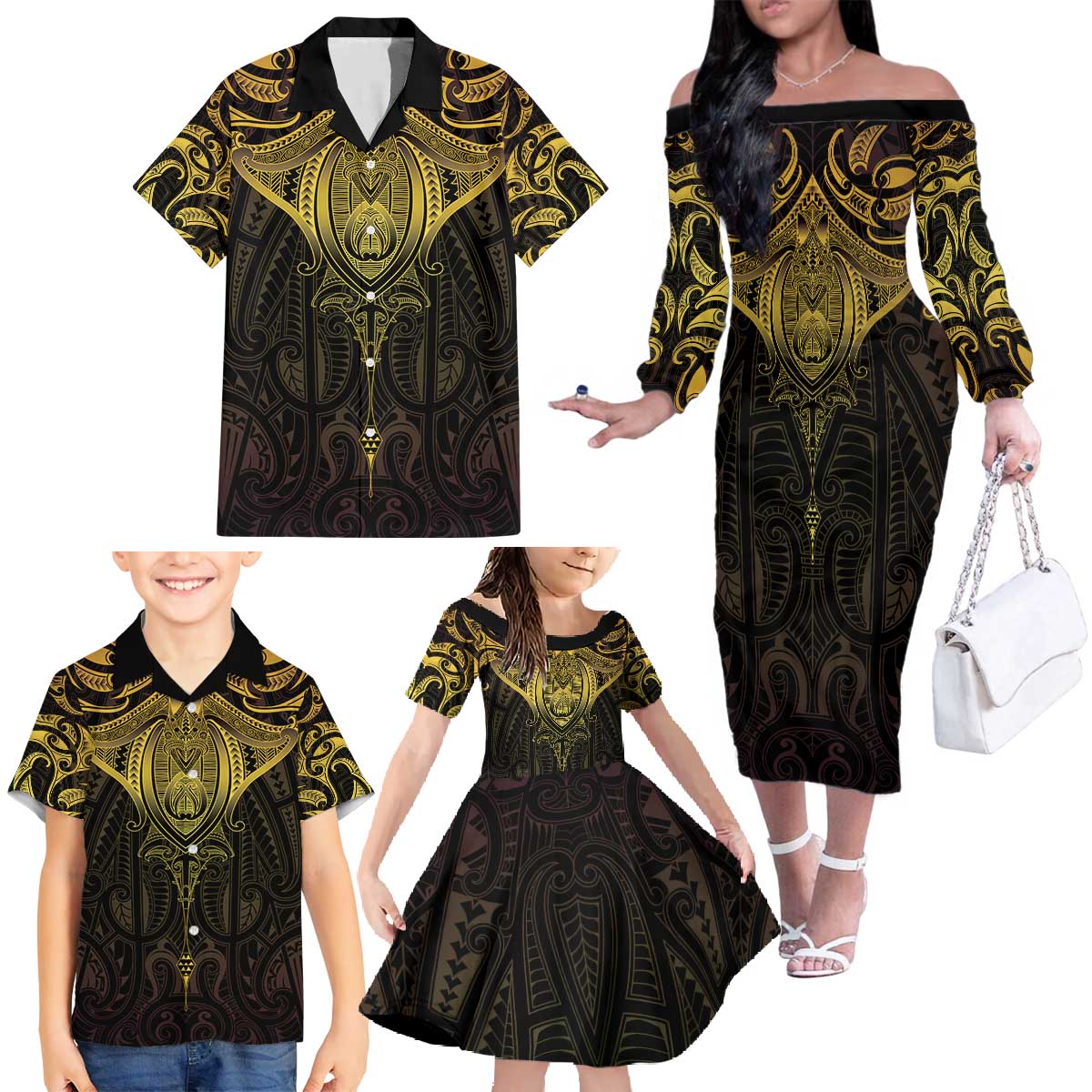 New Zealand Aotearoa Family Matching Off The Shoulder Long Sleeve Dress and Hawaiian Shirt Maori Manta Ray Moko Gold LT05 - Polynesian Pride