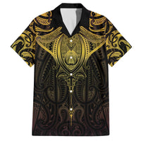 New Zealand Aotearoa Family Matching Off The Shoulder Long Sleeve Dress and Hawaiian Shirt Maori Manta Ray Moko Gold LT05 Dad's Shirt - Short Sleeve Gold - Polynesian Pride
