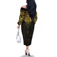New Zealand Aotearoa Family Matching Off The Shoulder Long Sleeve Dress and Hawaiian Shirt Maori Manta Ray Moko Gold LT05 - Polynesian Pride